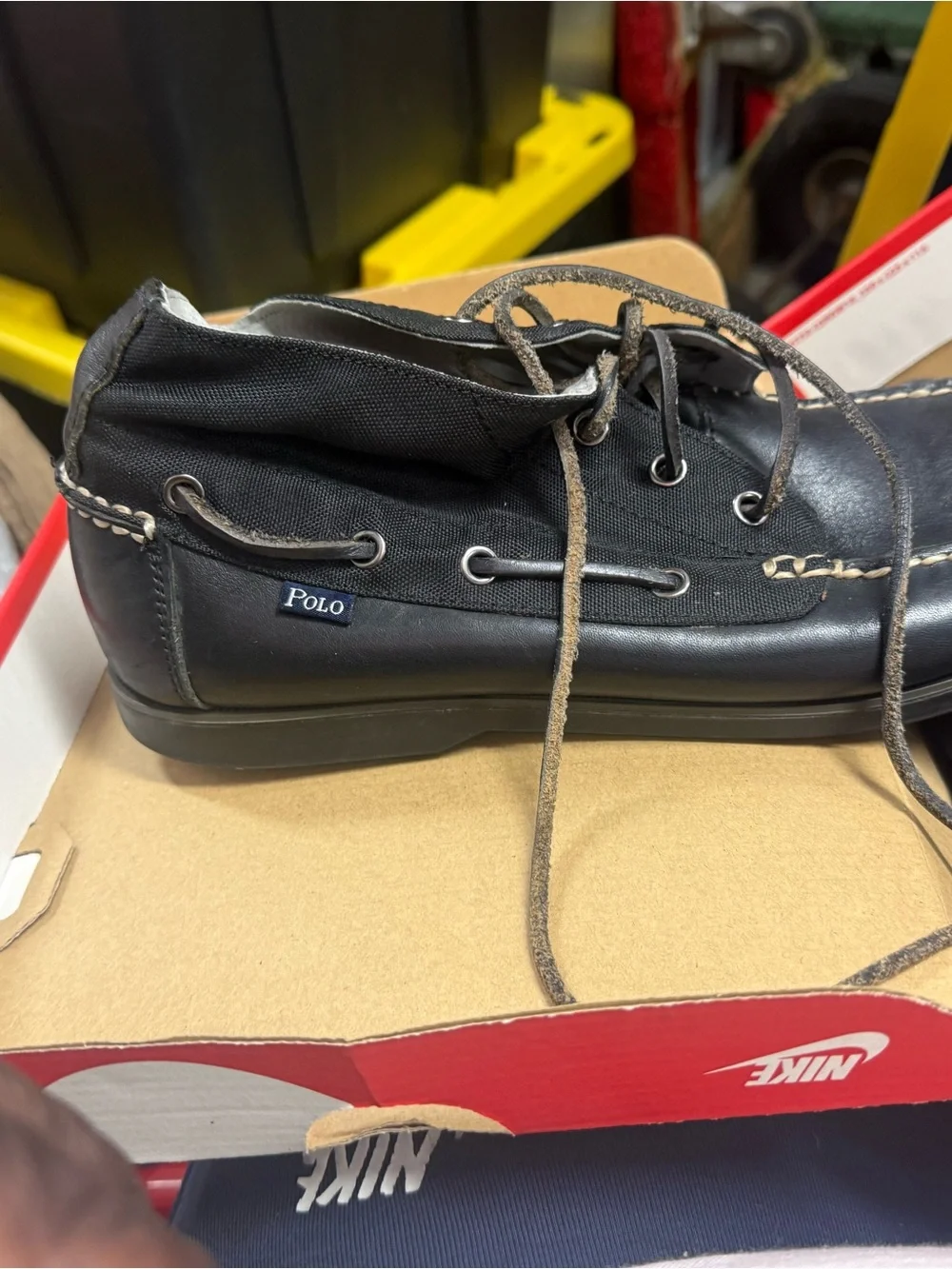 Polo by Ralph Lauren Black Leather Boat Shoes with Contrast Stitch